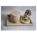 Elegantly Crafted Metal Lion Figurine with Wooden Display Case