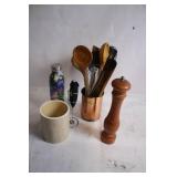 Assorted Kitchen Utensil Set with Copper Holder and Wooden Mill