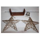 Collection of 2 Wicker Star Decorations, Carved Wooden Book Holder, and Desk Clock