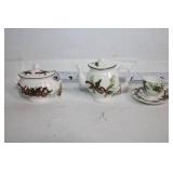 Collection of Holiday Miniature Trees and Decorative Porcelain Tea Set
