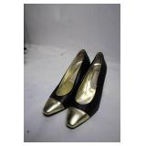 Pair of Denis Comneau Size 7 Black & Gold Pumps
