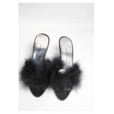 Jacques Levine Black Furry High Heel Slippers