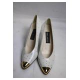Stuart Weitzman White Leather Heels with Gold Studs