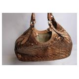 Stylish All Leather Woven Handbag in Bronze Finish