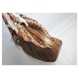 Stylish All Leather Woven Handbag in Bronze Finish