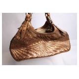 Stylish All Leather Woven Handbag in Bronze Finish