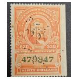 US Federal Reserve Documentary Stamps -  1917 US $30 Stamp and US $100