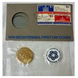American Coin Sets with 1974 US Proof Sets, 1975 Bicentennial Commemorative Medal & Stamps Set, 1974 Bicentennial first Day Cover Sets, and American Revolution Bicentennial Commeroratvie Meadl and Fir