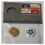 American Coin Sets with 1974 US Proof Sets, 1975 Bicentennial Commemorative Medal & Stamps Set, 1974 Bicentennial first Day Cover Sets, and American Revolution Bicentennial Commeroratvie Meadl and Fir