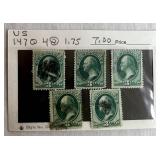 United States Postage Stamps Scott #147, #153, #157, #158, #178, #179, #182 and #184