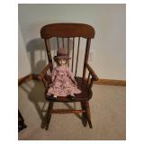 Vintage Wooden Rocking Chair with Porcelain Doll in Floral Dress