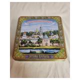 Russian Porcelain Set with Blue Floral Design in Tin Box