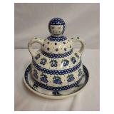 Polish Pottery Covered Butter Dish with Folk Art Design