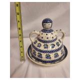 Polish Pottery Covered Butter Dish with Folk Art Design