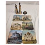 Russian Themed Decor Set with Figurines and Cityscape Coasters