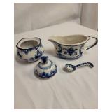 Russian Gzhel Porcelain Set: Vase, Sugar Bowl, Creamer, and Spoon