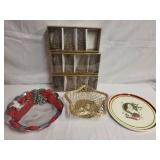 Holiday Decor Set with SANTA Cookie Plate, Silver Plate, Gold Wire Basket & Tree Place Card Holders