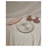 Vintage Pink Glass Serving Collection with Plates and Candlesticks