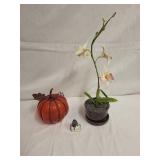 Royal Copenhagen Mouse on Sugar Cube, Glass Pumpkin and Decorative Orchid Plant