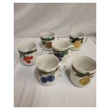 Set of 6 Vintage Czechoslovakian Porcelain Mugs with Fruit Motif