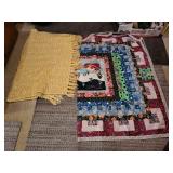 Colorful Handmade Quilt and Yellow Knitted Throw Blanket