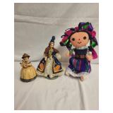Set of 3 Handcrafted Dolls: Swiss Musical, Russian, and Mexican Designs