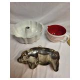 Eclectic Kitchen Set with Copper Pig Mold, Bundt Pan, Pitcher, and Holder