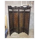 Antique Wood and Woven Fabric Room Divider Screen