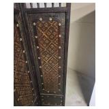 Antique Wood and Woven Fabric Room Divider Screen