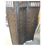 Antique Wood and Woven Fabric Room Divider Screen