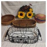 Assortment of Decorative Wicker Baskets and Metal Tray