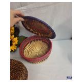 Assortment of Decorative Wicker Baskets and Metal Tray