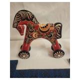 Russian Folk Art Collection: Wooden Horse, Santa Figurine, and Tapestry