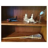 Collection of Model Plane, Wooden Sled Decoration, and Vintage Lacrosse Stick