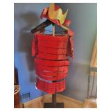 Traditional Red Samurai Costume with Helmet and Display Stand