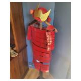 Traditional Red Samurai Costume with Helmet and Display Stand