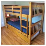 Twin over Twin Solid Mission Bookcase Wood Bunk Bed with Trundle and Navy Bedding