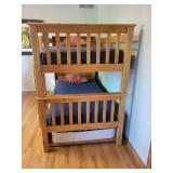 Twin over Twin Solid Mission Bookcase Wood Bunk Bed with Trundle and Navy Bedding