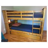 Twin over Twin Solid Mission Bookcase Wood Bunk Bed with Trundle and Navy Bedding