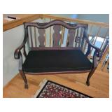 Antique Wooden Bench with Black Cushion and Floral Embroidery