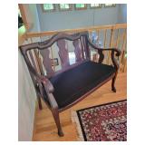 Antique Wooden Bench with Black Cushion and Floral Embroidery