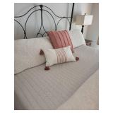 Elegant Black Metal Four Poster King Bed Frame and Elegant Beige and Pink King Bedding Set with Accents