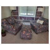 Matching Pair of Floral Armchairs with Ottoman