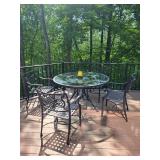 Outdoor Patio Set with Glass Top Table and 4 Ornate Metal Chairs