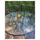 Outdoor Patio Set with Glass Top Table and 4 Ornate Metal Chairs