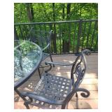 Outdoor Patio Set with Glass Top Table and 4 Ornate Metal Chairs