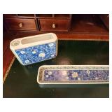 Set of 2 Vintage Japanese Porcelain Pen Holder and Desk Tray with Floral Design