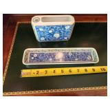 Set of 2 Vintage Japanese Porcelain Pen Holder and Desk Tray with Floral Design