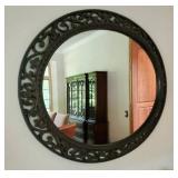 Ornate Round Wall Mirror with Carved Wooden Frame
