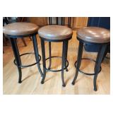 Set of 3 Cushioned Bar Stools with Leather Seat and Metal Frame